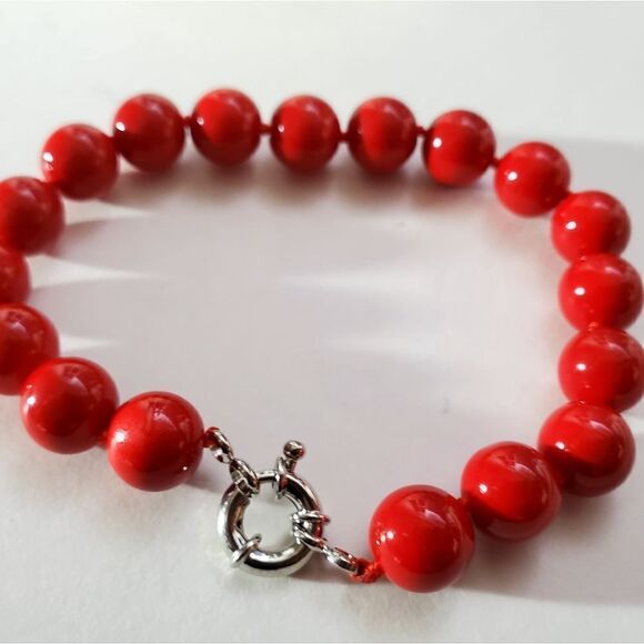 Red 10mmSouth Sea Shell Pearl 4 Piece Set Earrings, Bracelet 925 Clasp - Picture 3 of 5